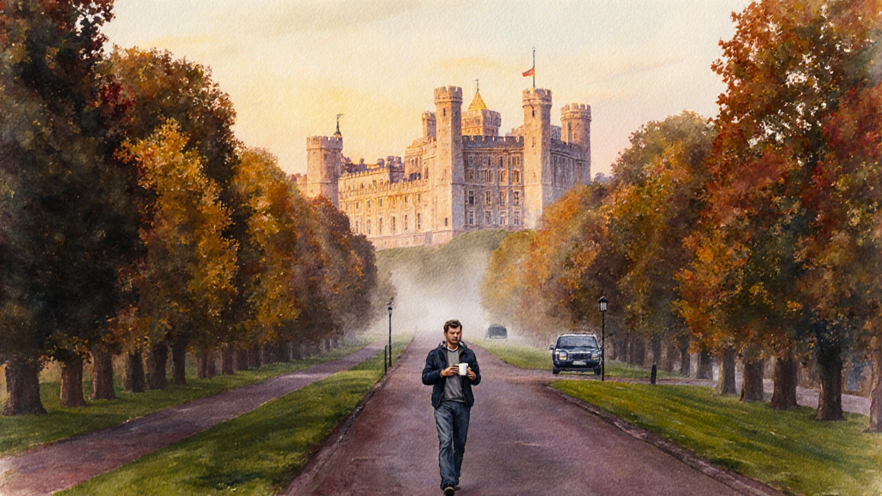 Windsor Castle at sunset with the Long Walk lined by autumn trees.