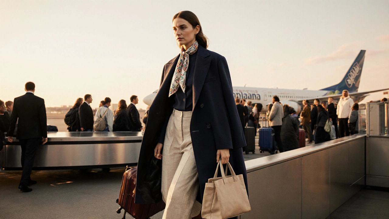 Woman stepping off a plane in a blazer and boots, carrying only a small carry-on and scarf.