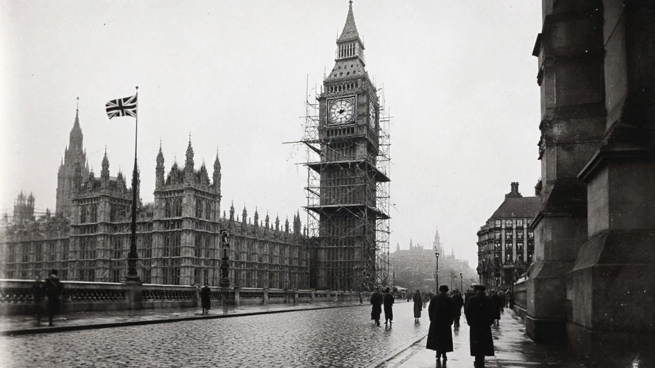 WWII-era Elizabeth Tower with damaged clock face, locals standing quietly in the square.