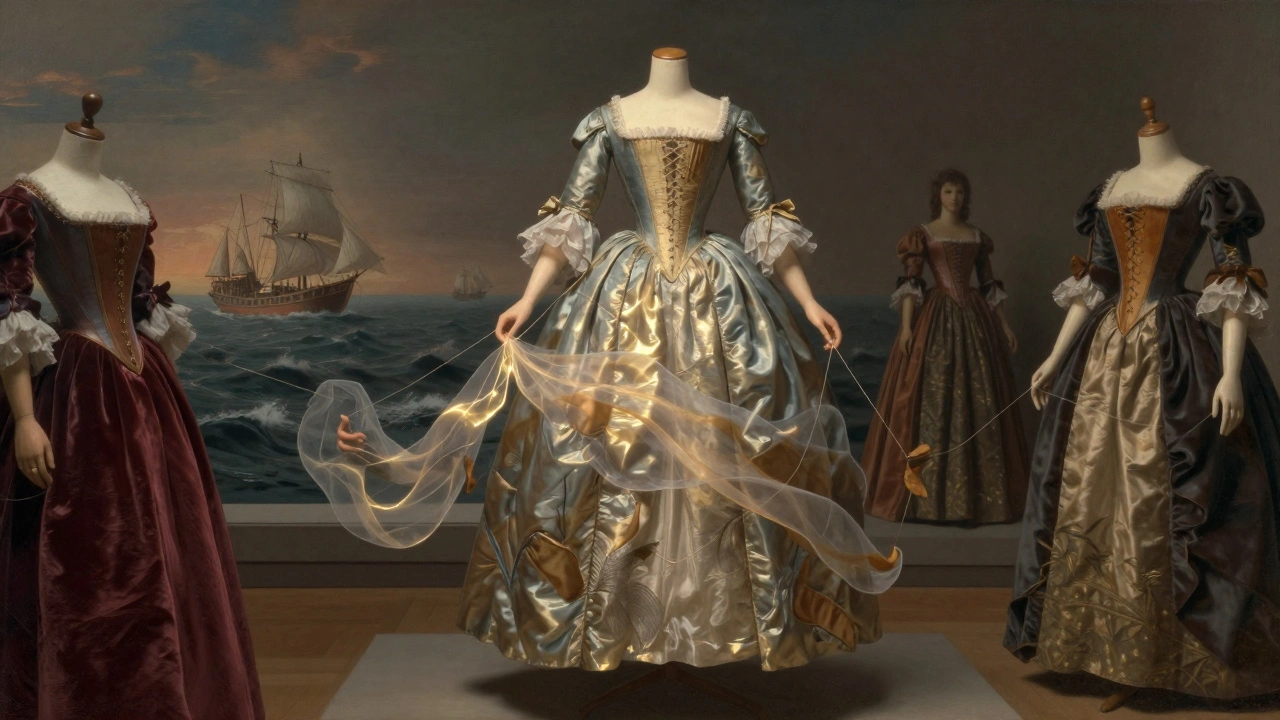 A 17th-century dress floats with ghostly overlays showing the hands and trade routes that created it.