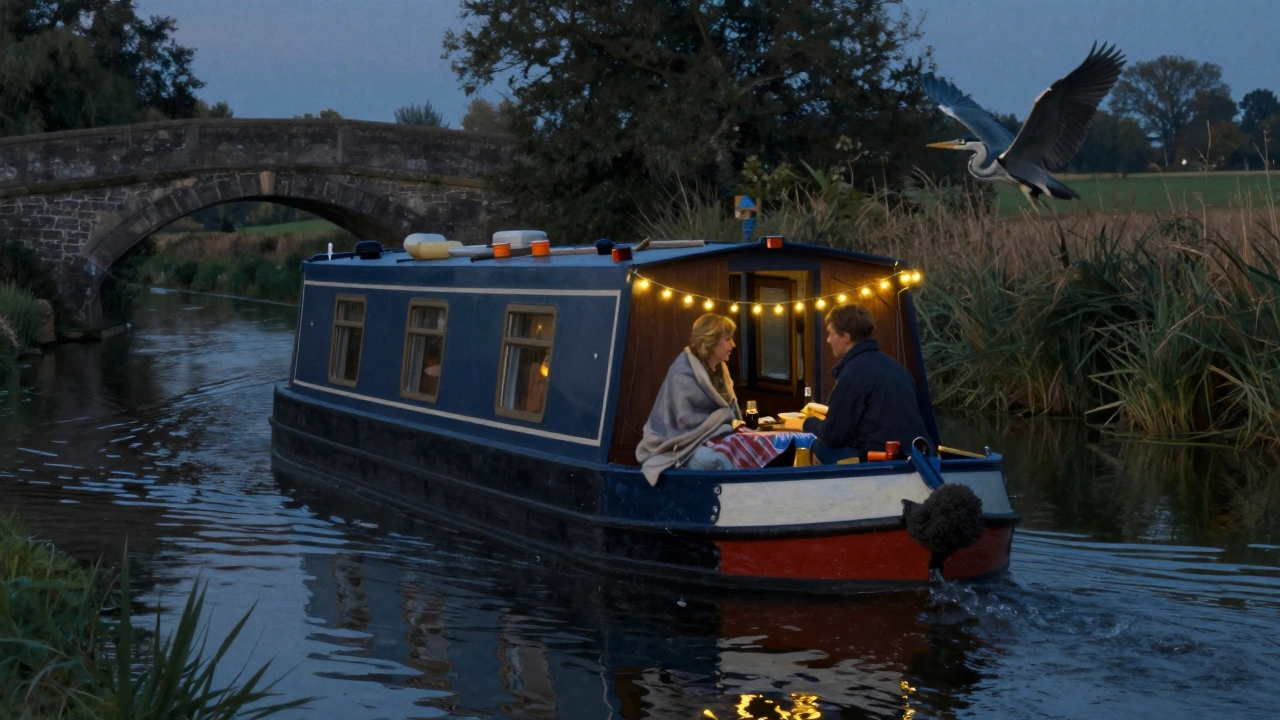 A couple relaxes on a narrowboat at twilight, gliding slowly along a canal under a stone bridge.