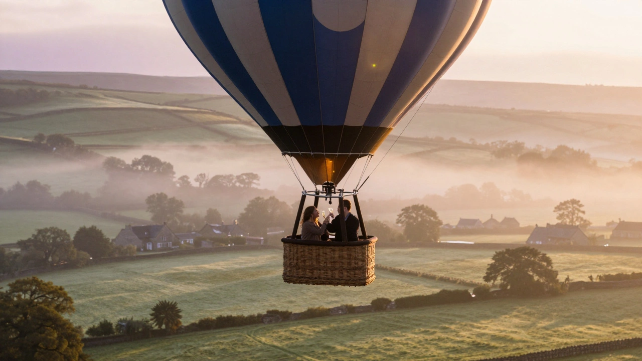 A couple toasts with champagne in a hot air balloon at sunrise over misty Yorkshire hills.