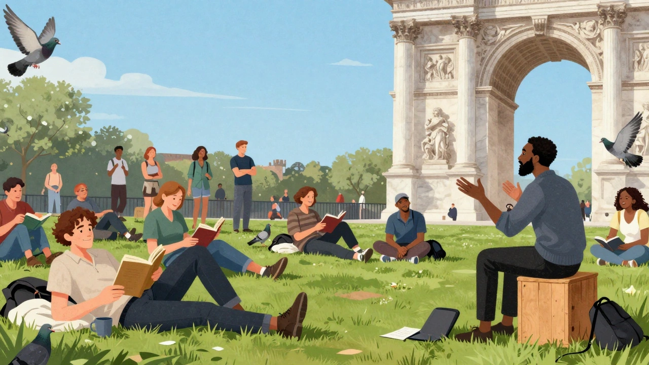 A diverse crowd relaxing at Speakers’ Corner in Hyde Park, listening to a speaker under a sunny sky.