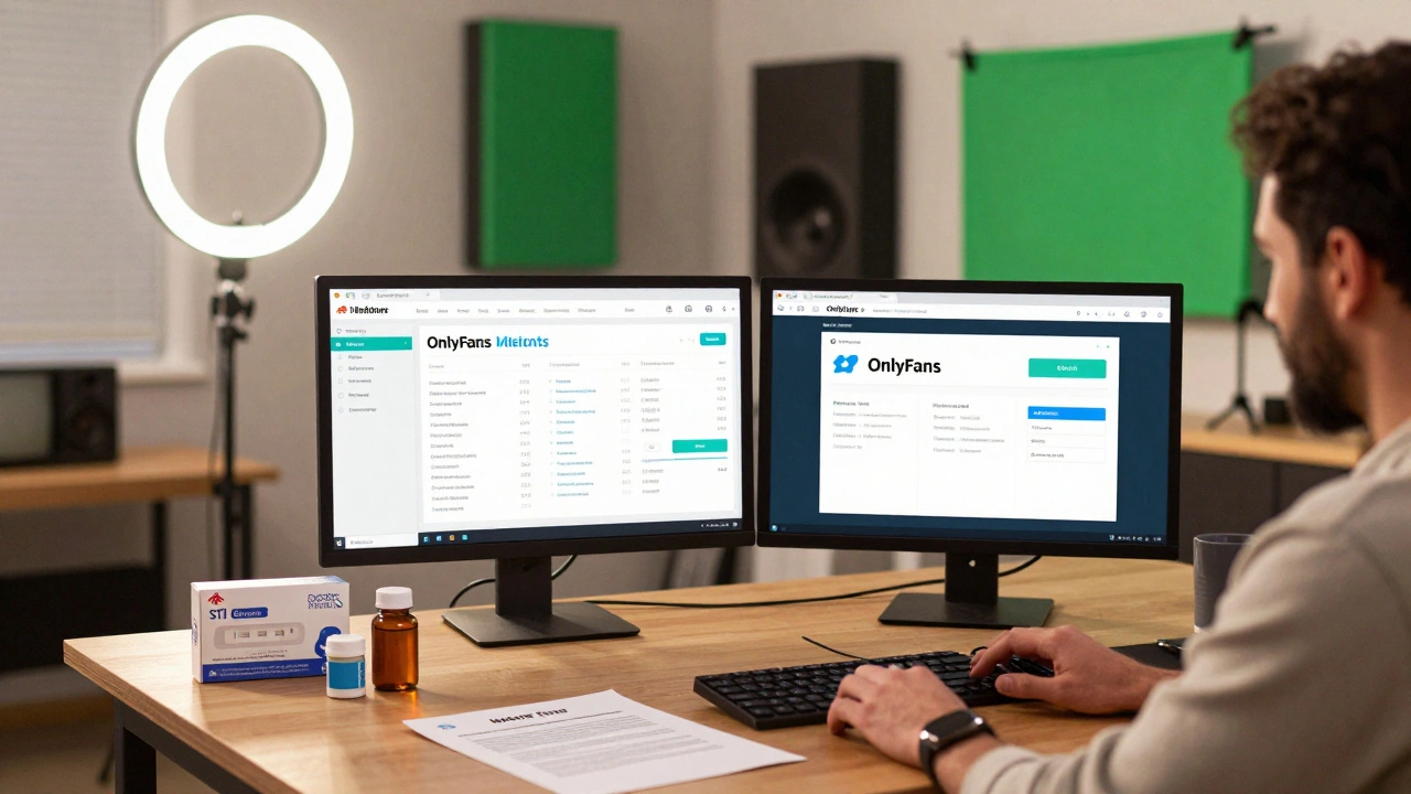 A home studio with monitors showing content analytics, STI test kit, and ring light.