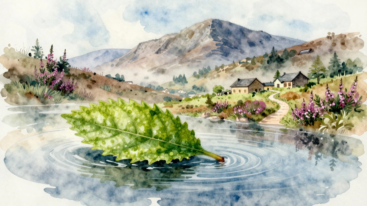 A nettle leaf floating in water, morphing into a misty Scottish highland landscape with heather and tea houses.
