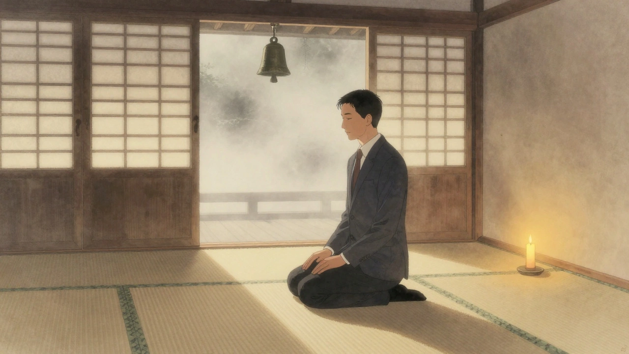 A person in silent meditation at a Japanese temple at dawn, mist rising around a wooden room.