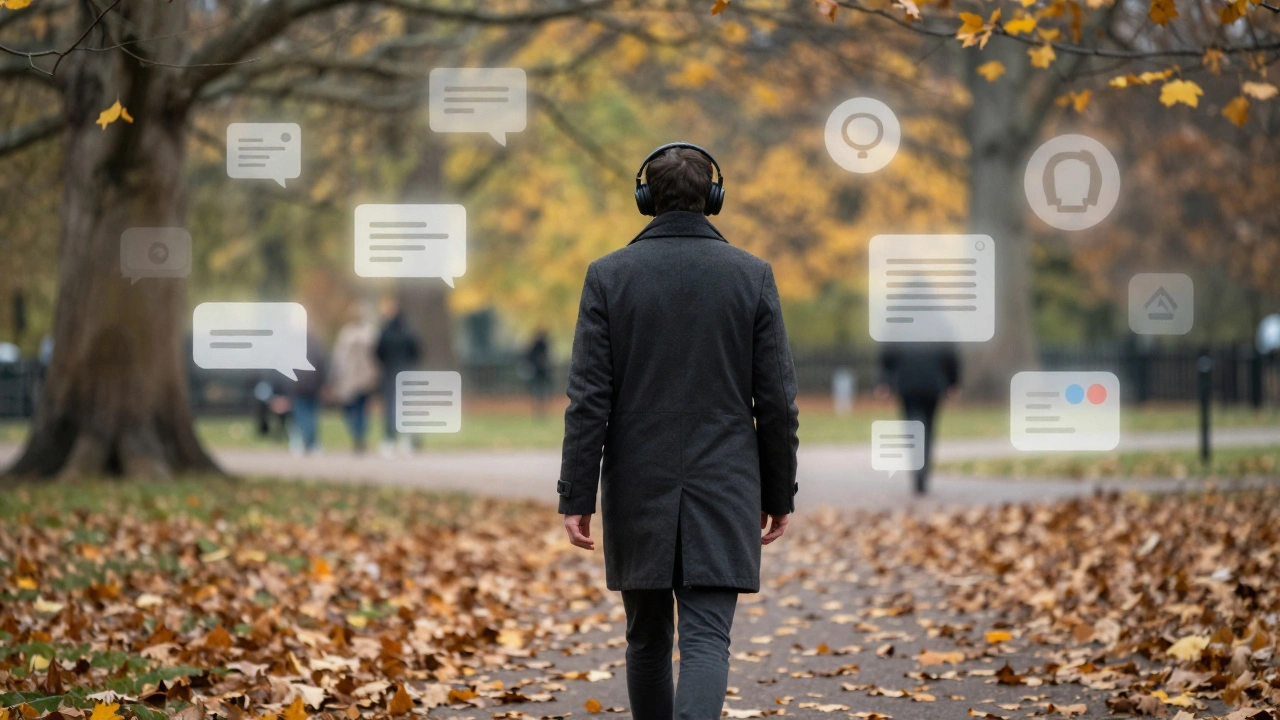 A person walking alone in Hyde Park, digital icons faintly floating in the background.
