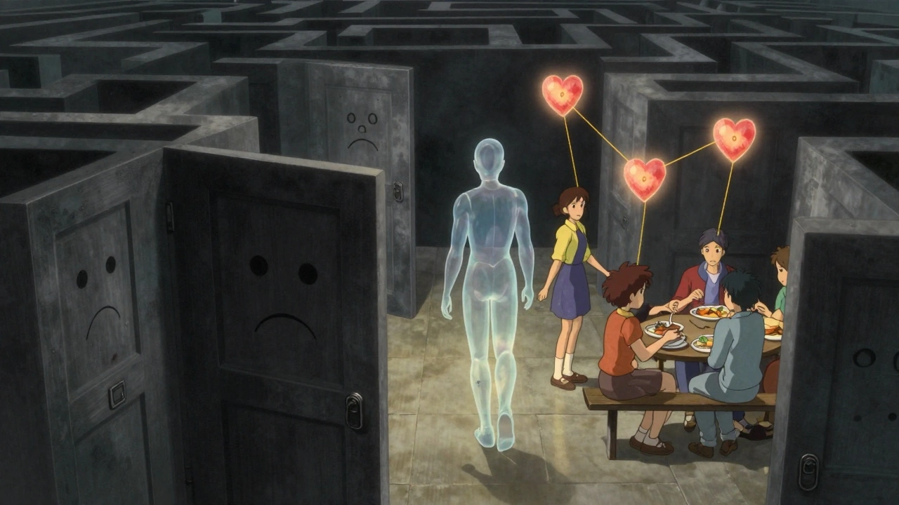 A person walking from shadows into light, connecting with others in an open space