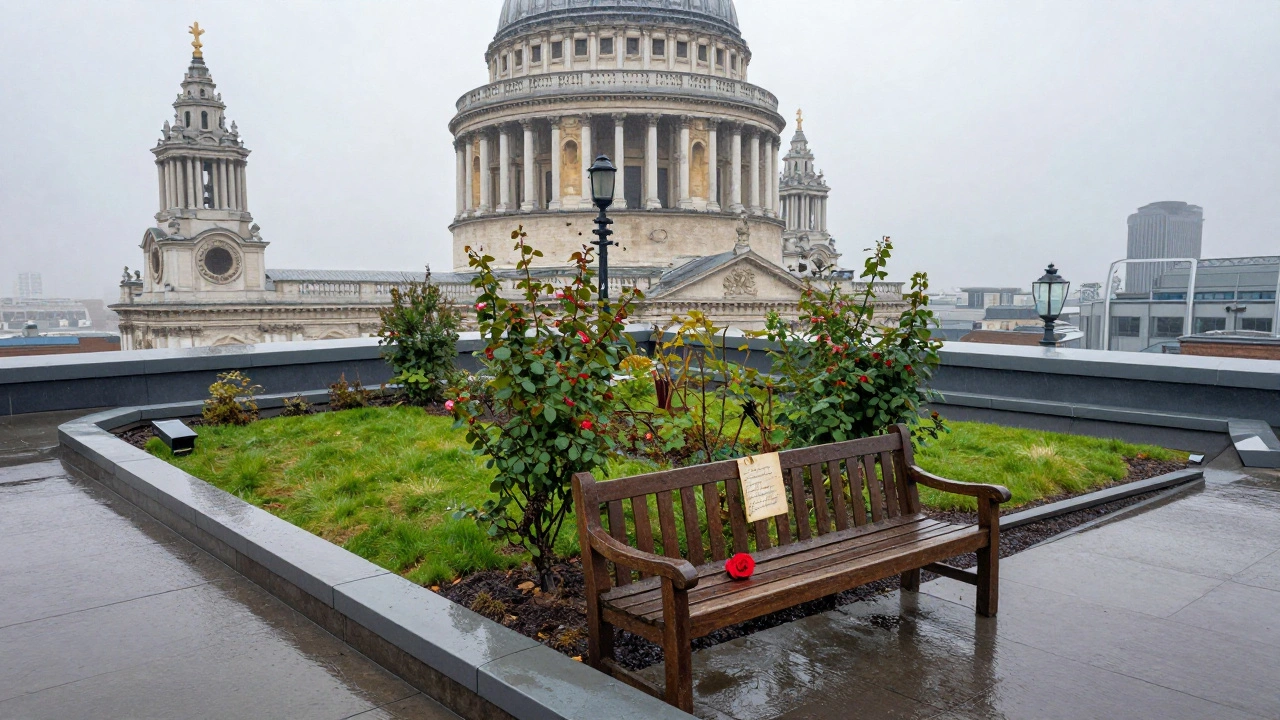 A quiet rooftop garden on St. Paul's Cathedral with roses, a bench, and a single red rose on a note.