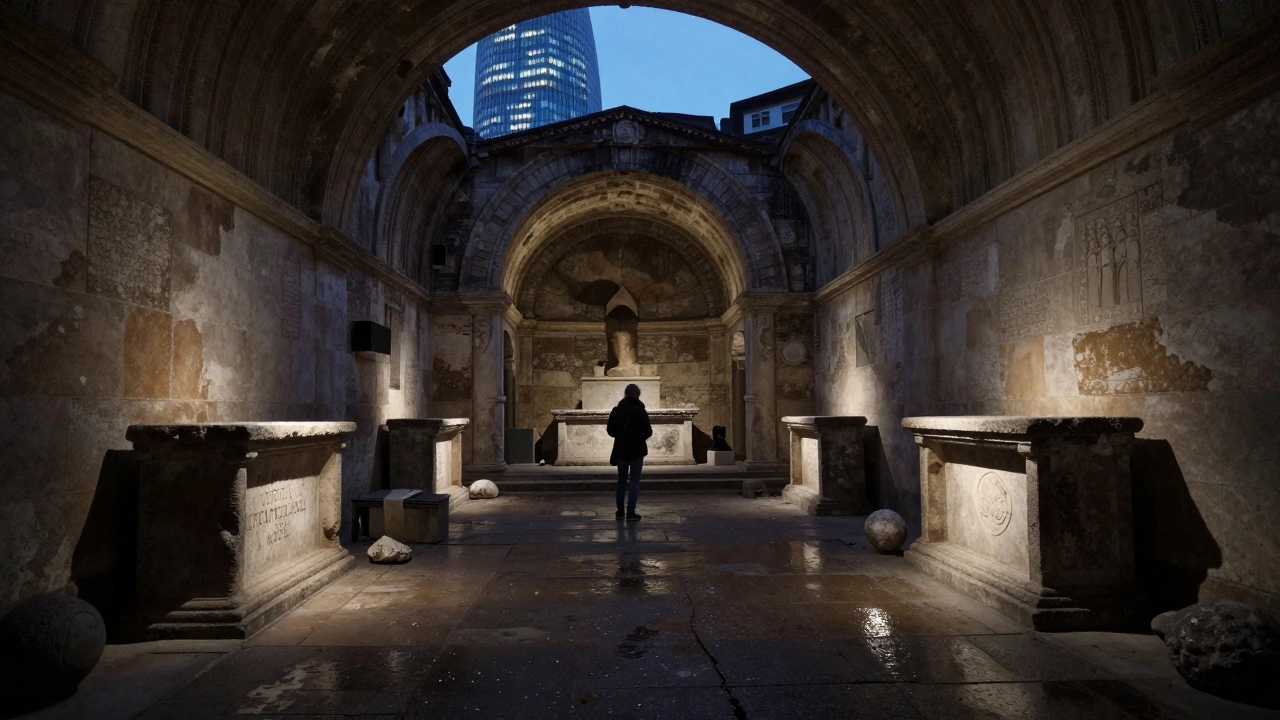A solitary figure stands in the dim, ancient London Mithraeum, lit by soft spotlights among Roman relics.