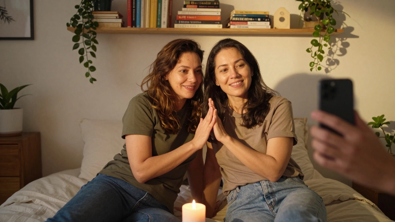 A woman filming a personal, unedited video with her partner in a warm, lived-in bedroom.