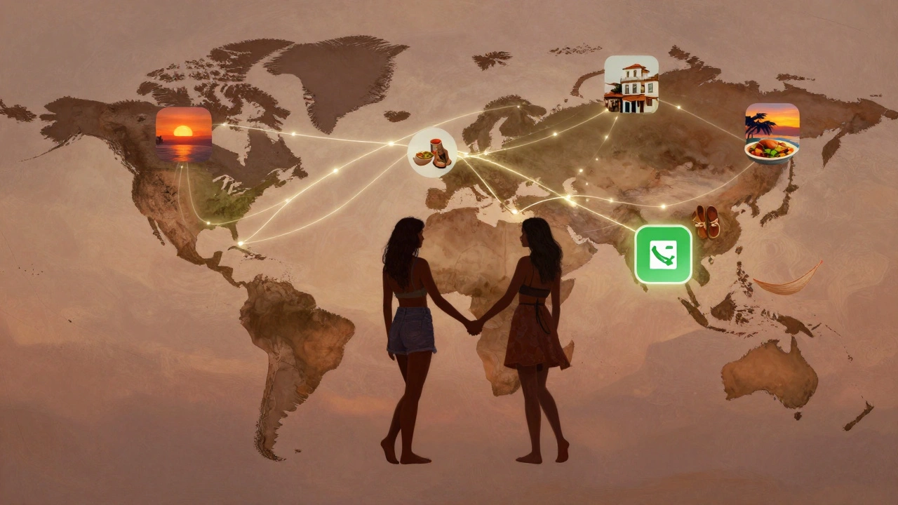 Abstract map with glowing connections between global destinations and two silhouetted women holding hands.