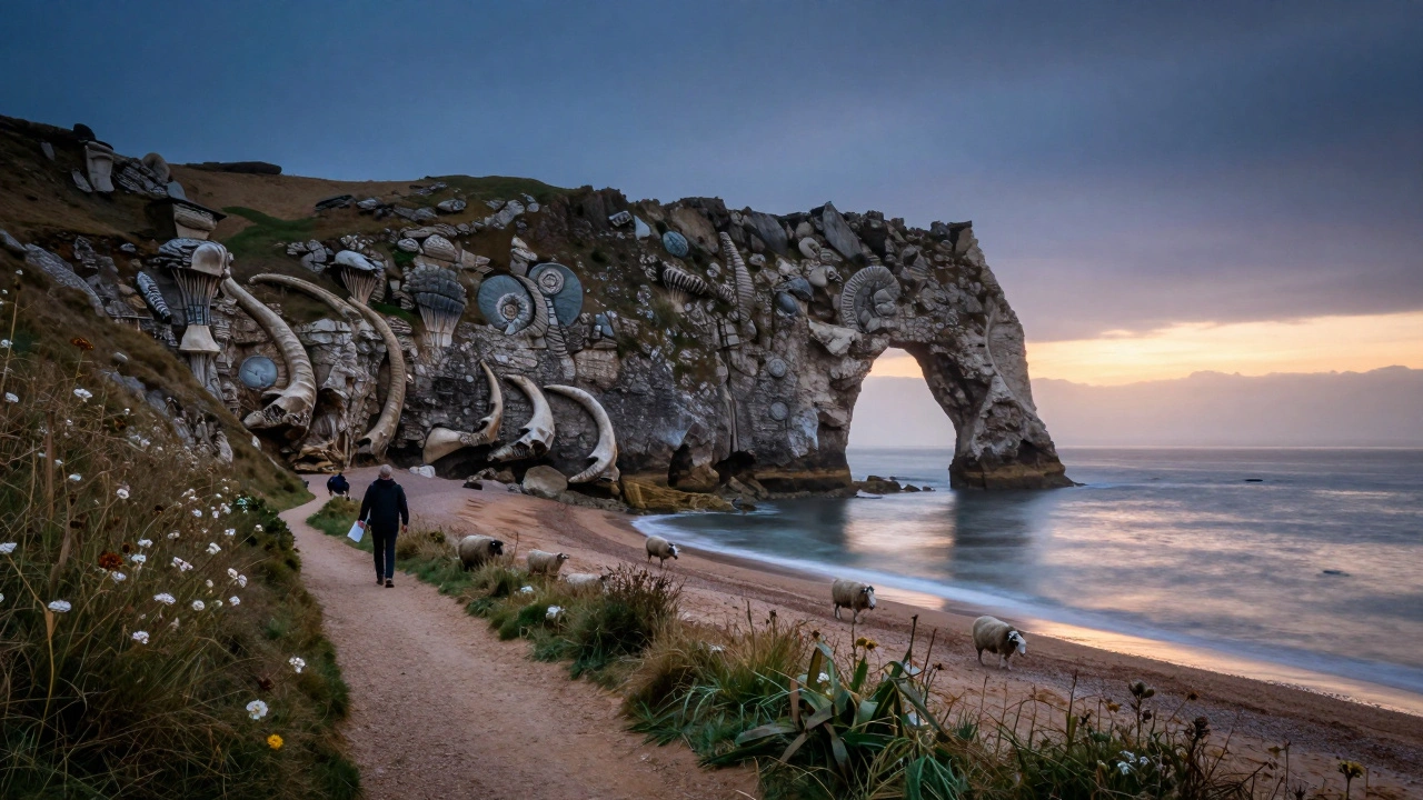 Ancient limestone stacks of Old Harry Rocks at dusk, with mist, wildflowers, and a hiker on the path.