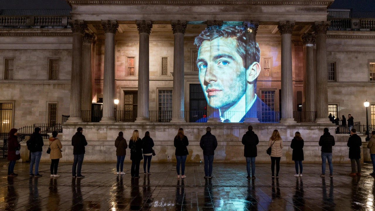 Animated portrait projected on the National Gallery facade at night, casting soft light on a silent crowd.