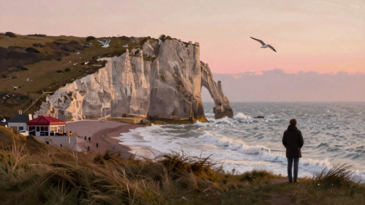 Beachy Head cliff at golden hour, silhouette of a person at the edge with sparkling sea below.