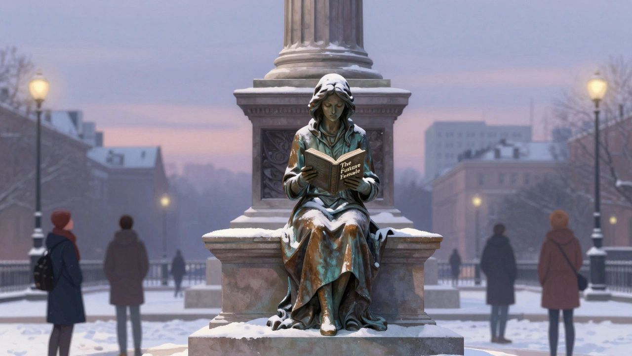 Bronze statue of a woman reading on the Fourth Plinth, covered in light snow under twilight.