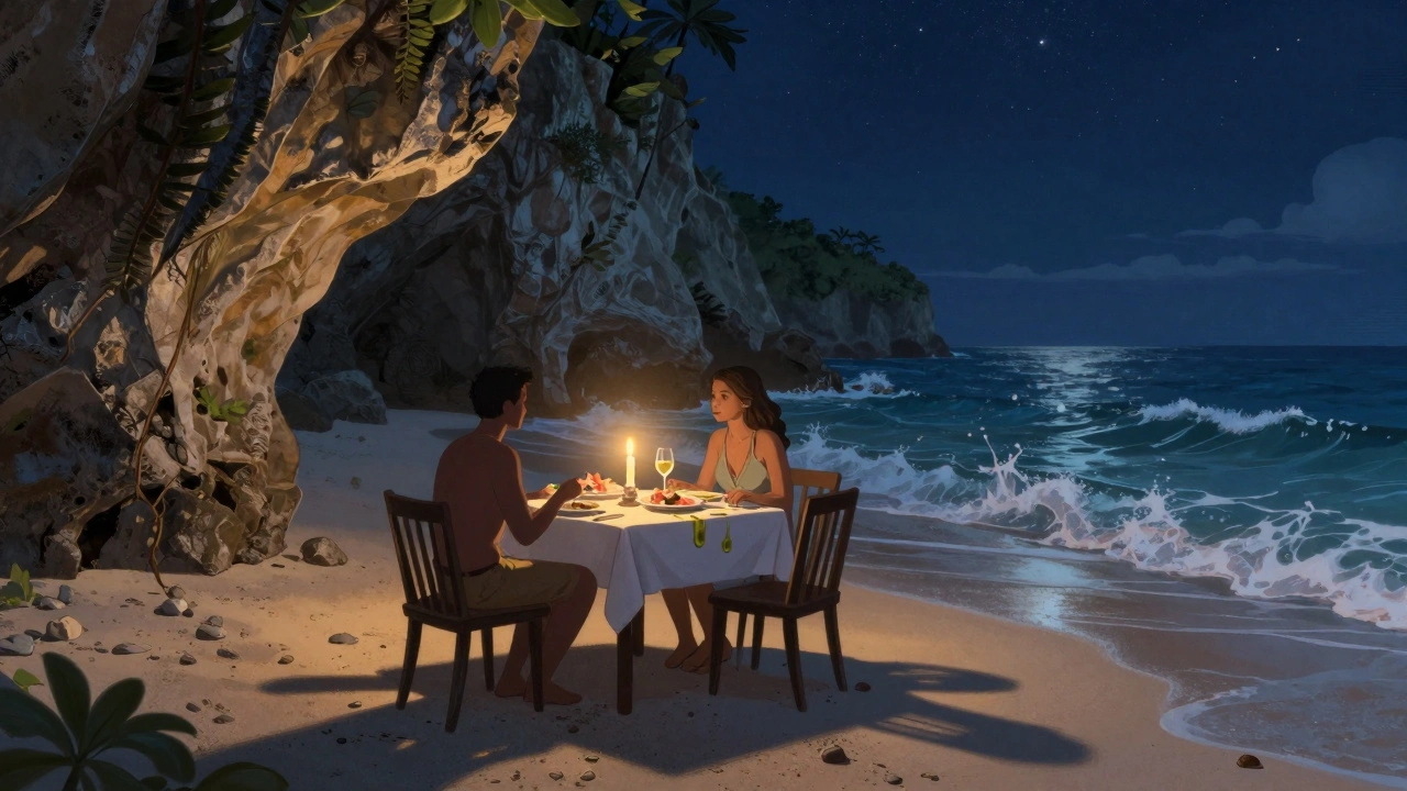 Candlelit beach dinner in Jamaica&#039;s limestone caves under starry sky.