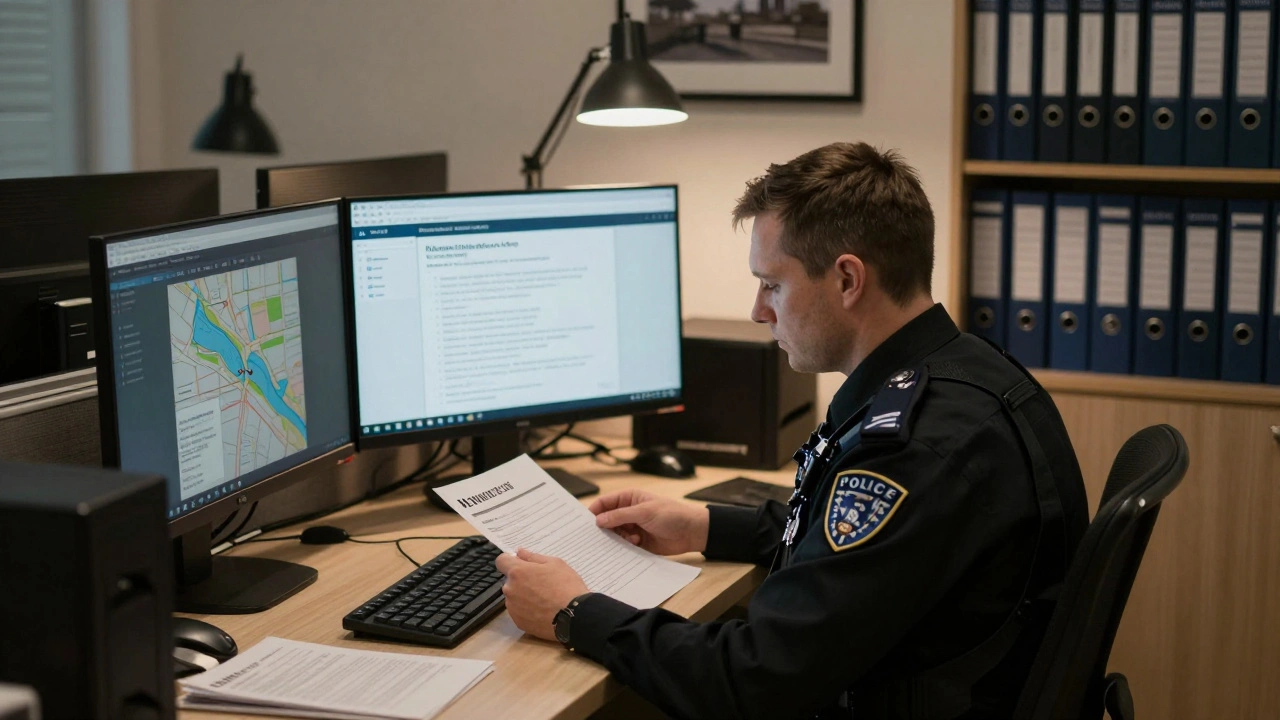 Compliance officer reviewing performer consent documents in a professional office setting.