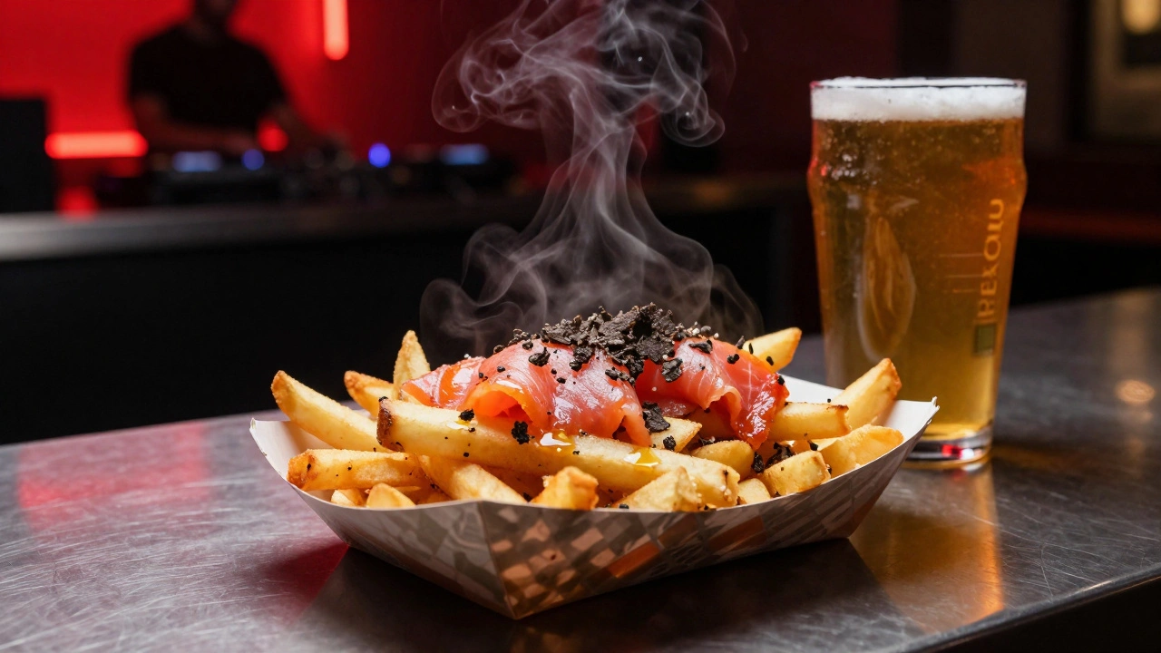 Compostable wrap with truffle fries and smoked salmon beside a craft beer pint at Fabric's bar.