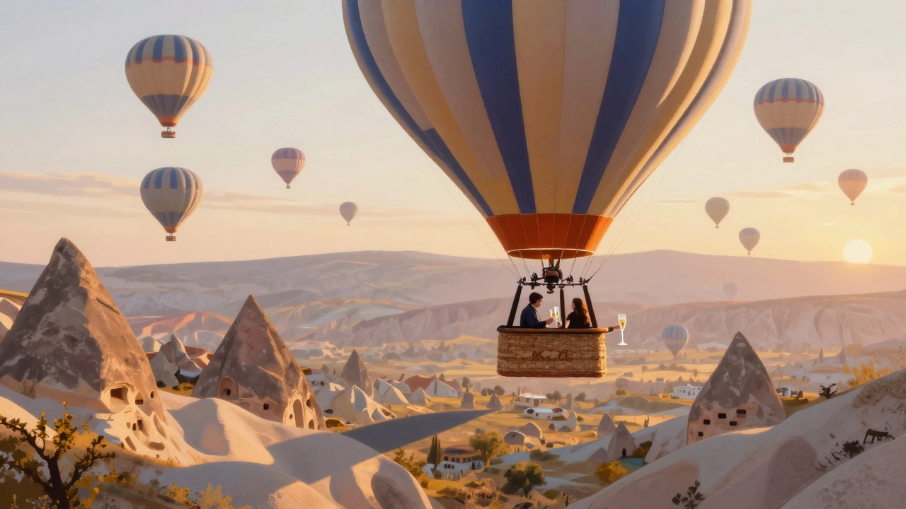 Couple in a hot air balloon floating over Cappadocia's rock formations at sunrise.