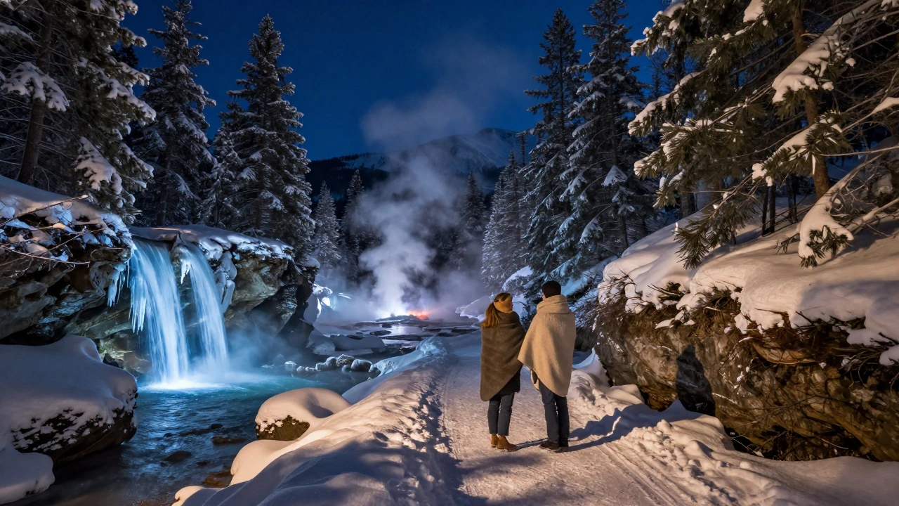 Couple in Banff under starry sky, standing by glowing frozen waterfalls.