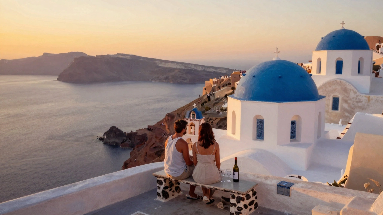 Couple on a Santorini terrace at dusk, watching the sunset over the caldera.