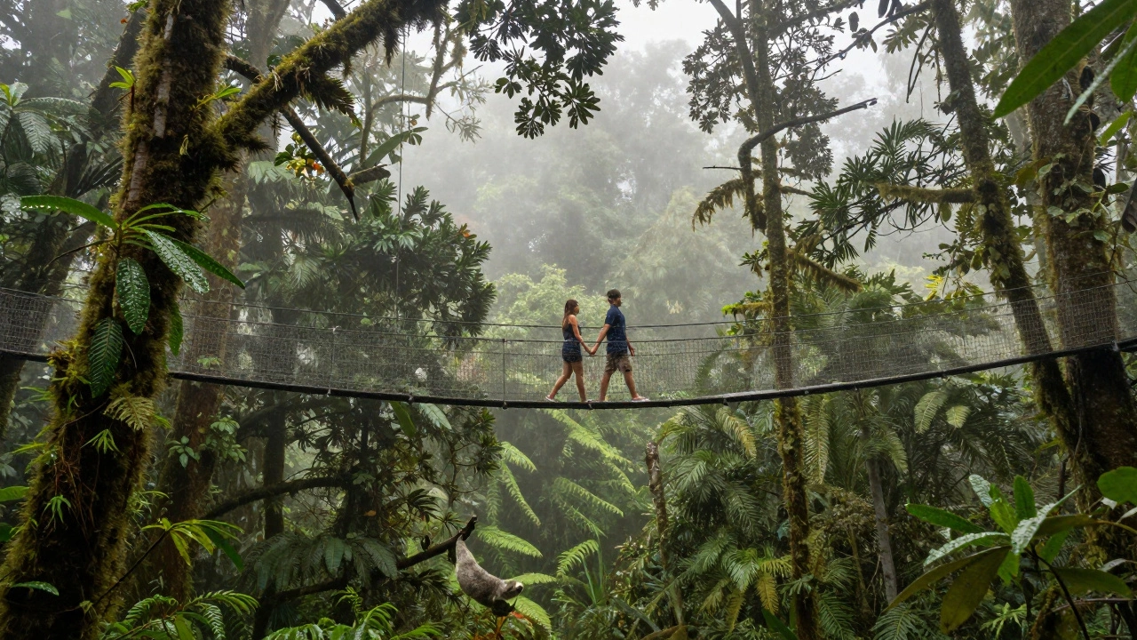 Couple walking on a canopy bridge above a misty cloud forest in Costa Rica.