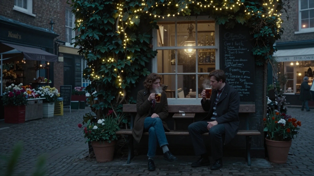Cozy courtyard with fairy lights and two people sipping hot drinks under the night sky.