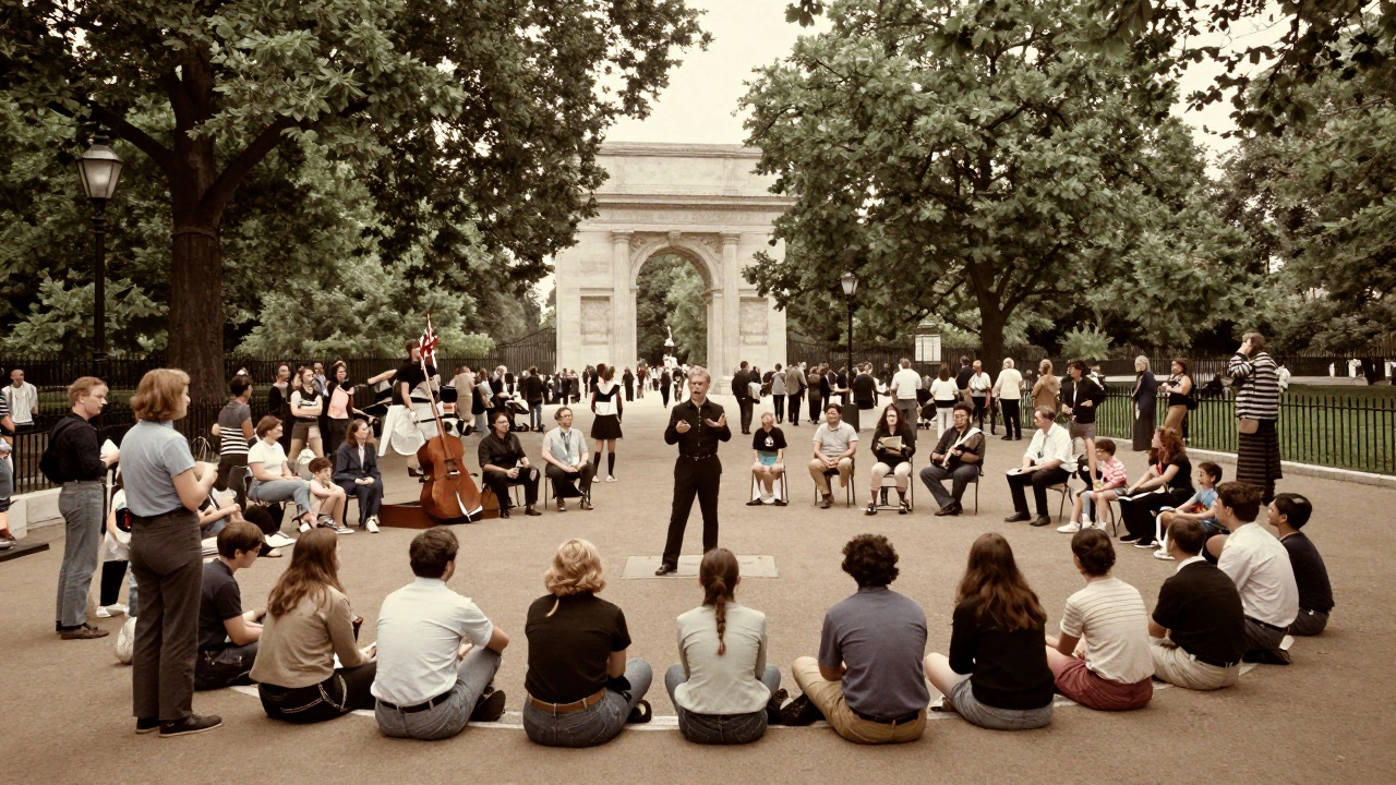 Crowd gathered at Speakers’ Corner, speaker on platform, musicians nearby, Marble Arch in distance.