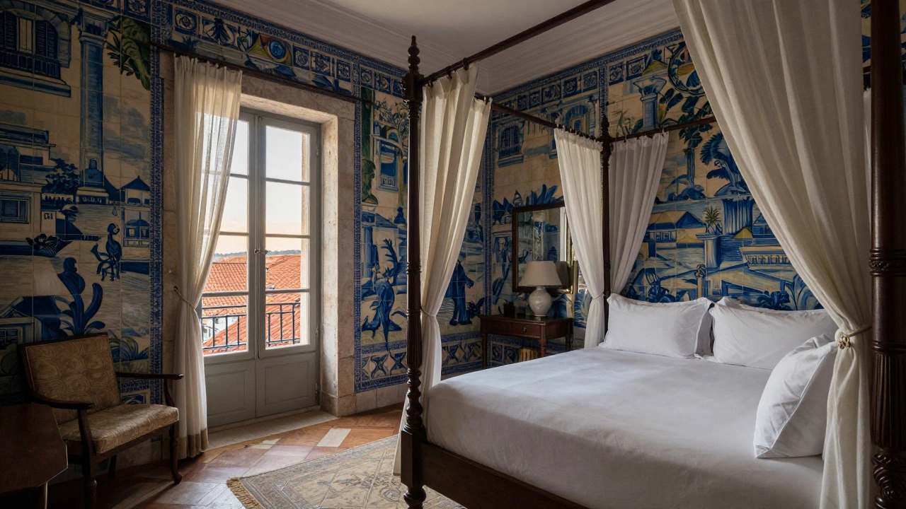 Elegant boutique hotel room in Lisbon with traditional tiles and a view of terracotta rooftops at dawn.