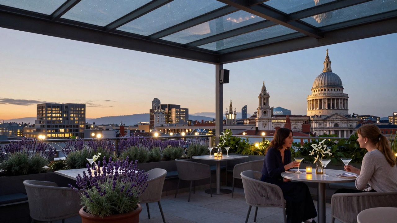Elegant rooftop bar under a starry glass ceiling with views of St. Paul’s Cathedral at dusk.
