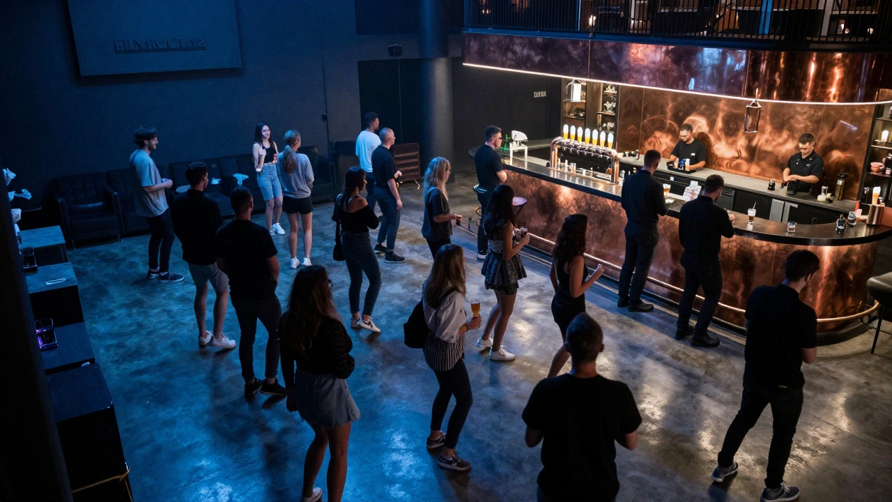 Expanded dancefloor in Room 2 with open space, new bar, and soft blue lighting reflecting off concrete.