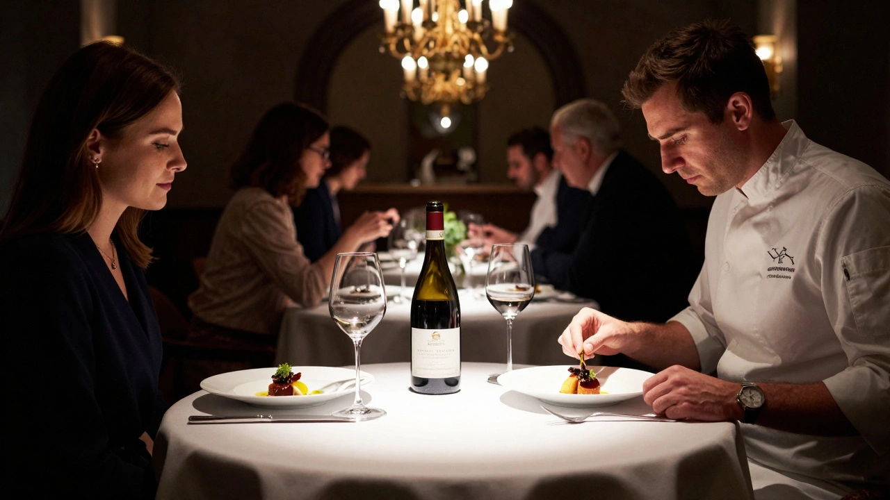 Fine dining table in Rome with gourmet dishes under soft lighting, evoking a luxurious culinary moment.