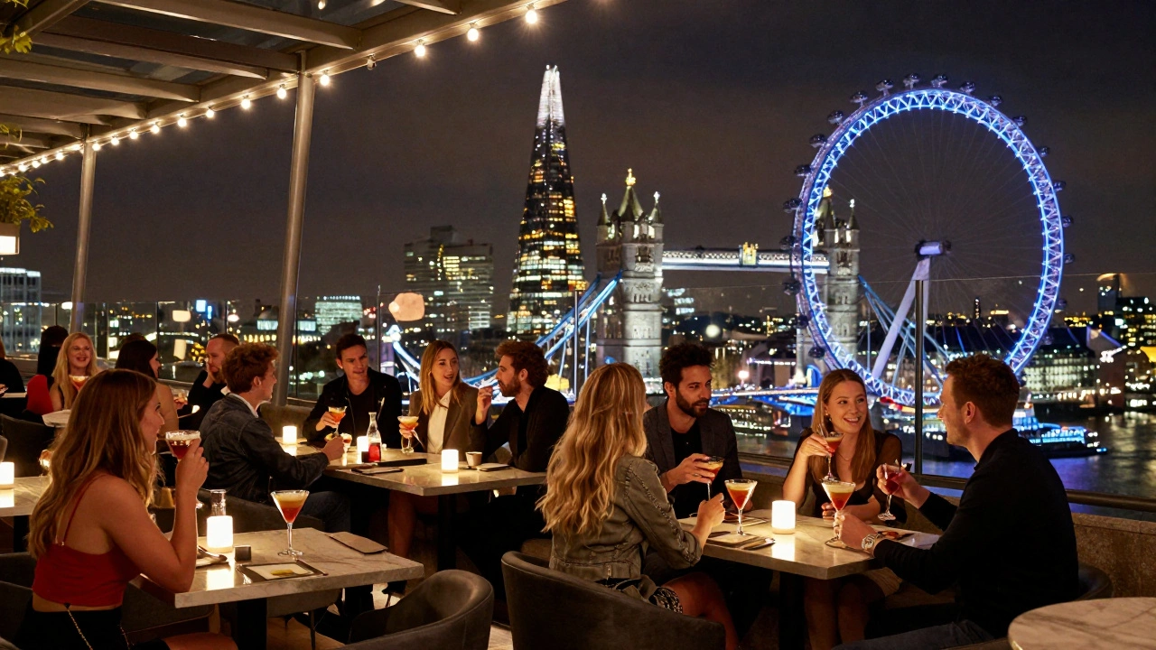 Friends enjoying cocktails at a rooftop bar with London’s illuminated skyline in the background.