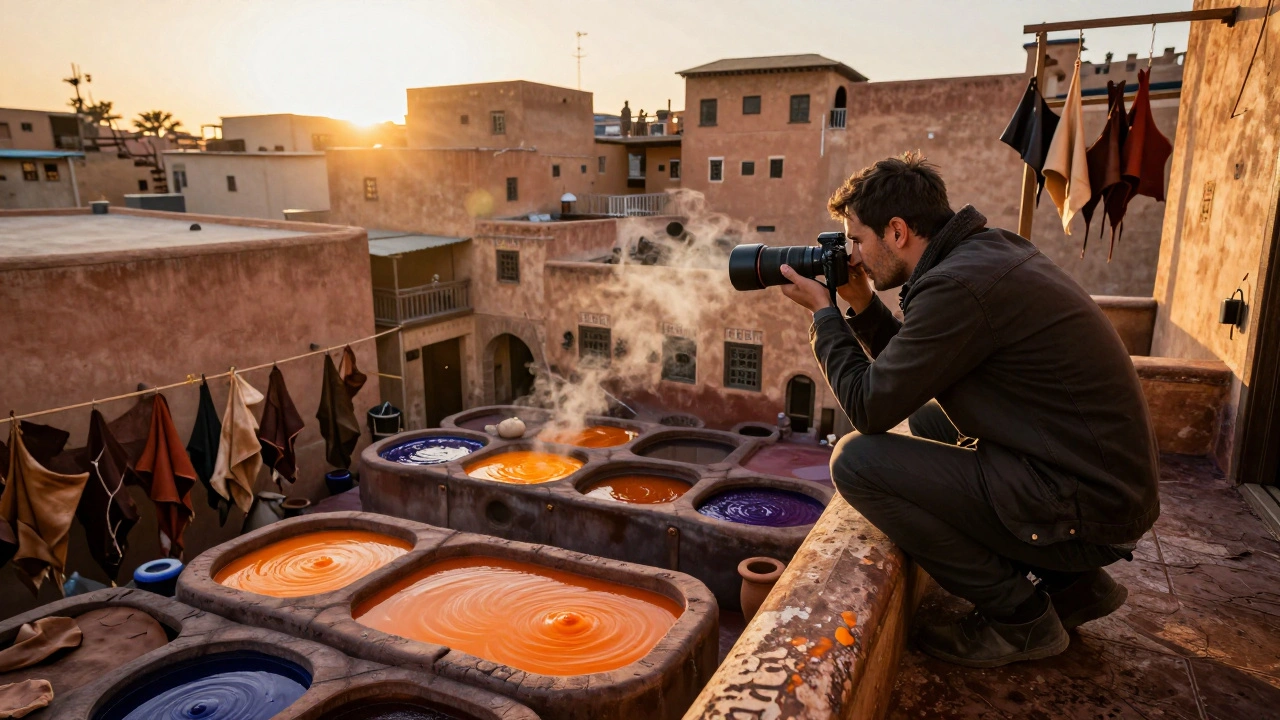Golden hour light illuminates dye vats in a hidden Fez tannery, photographer on a balcony.