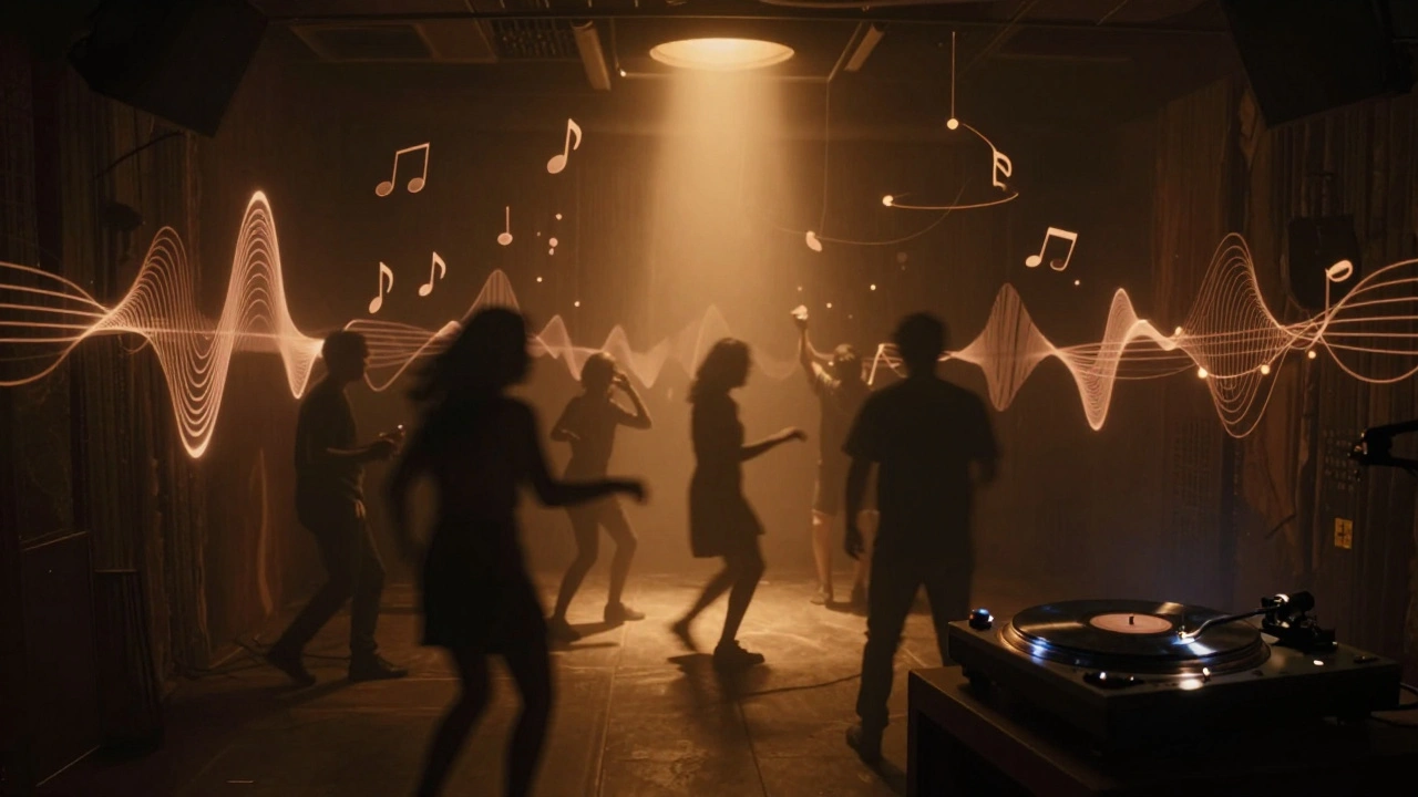 Intimate basement party at XOYO with sound waves visualized as glowing shapes.