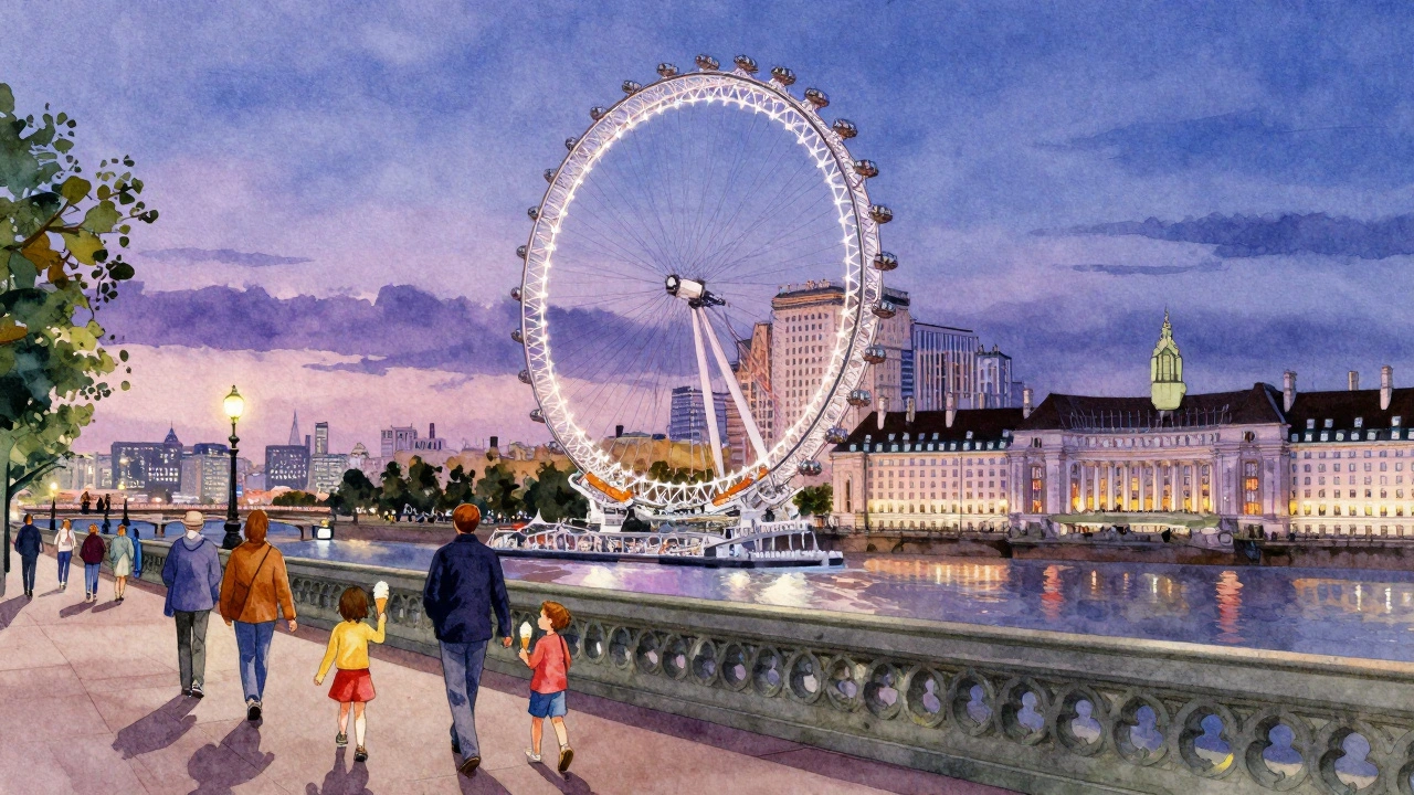London Eye illuminated at twilight with families walking along the Thames.