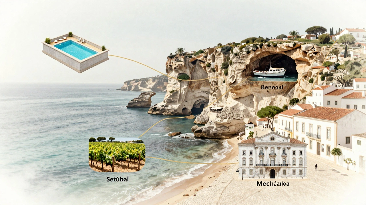 Minimalist map of Portugal luxury experiences: pool, cave, vineyard, and palace icons.