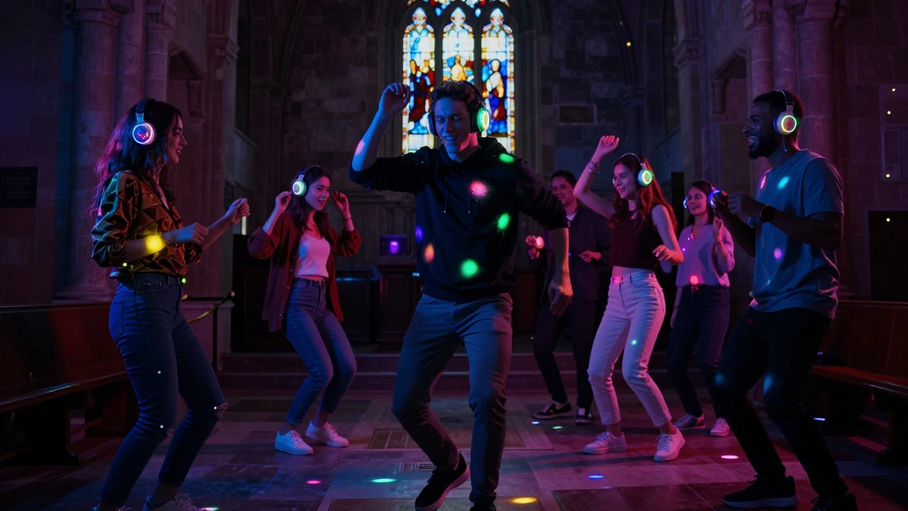 People dancing at a silent disco in a historic church, wearing headphones under colorful lights.