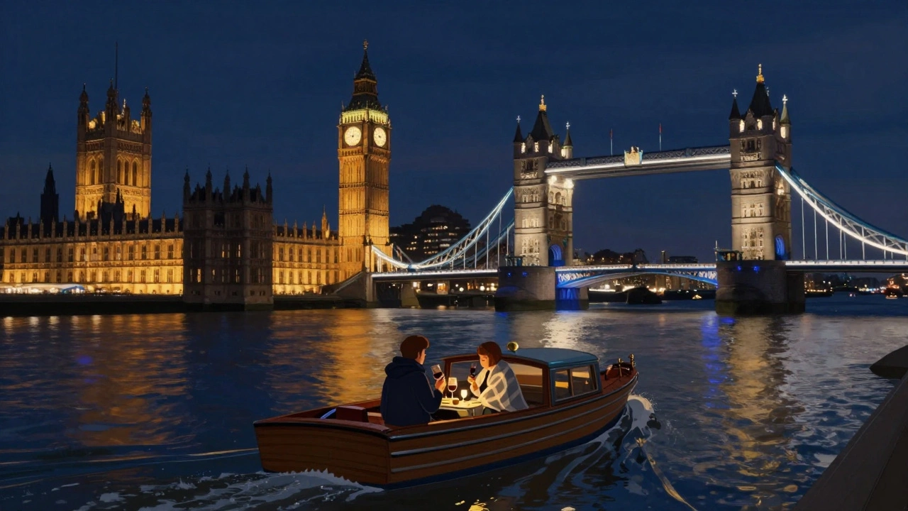 Private boat gliding past illuminated London landmarks at night with a couple wrapped in a blanket.