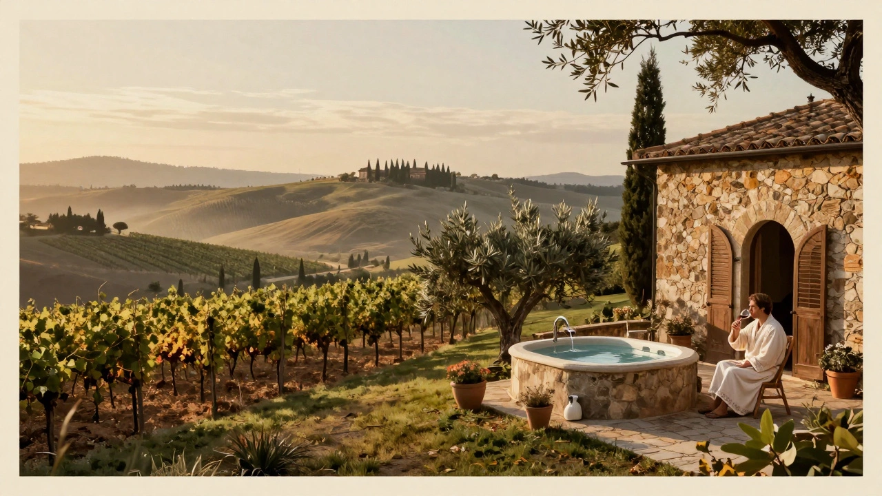 Serene Tuscan vineyard with heated bath and guest sipping wine at dawn.