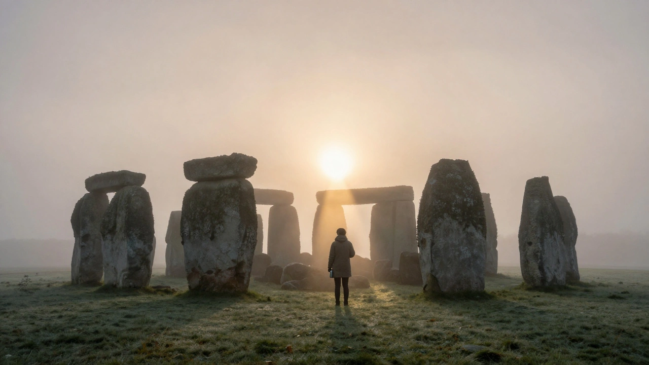Stonehenge at autumn sunrise with sunlight streaming through the stones in mist.