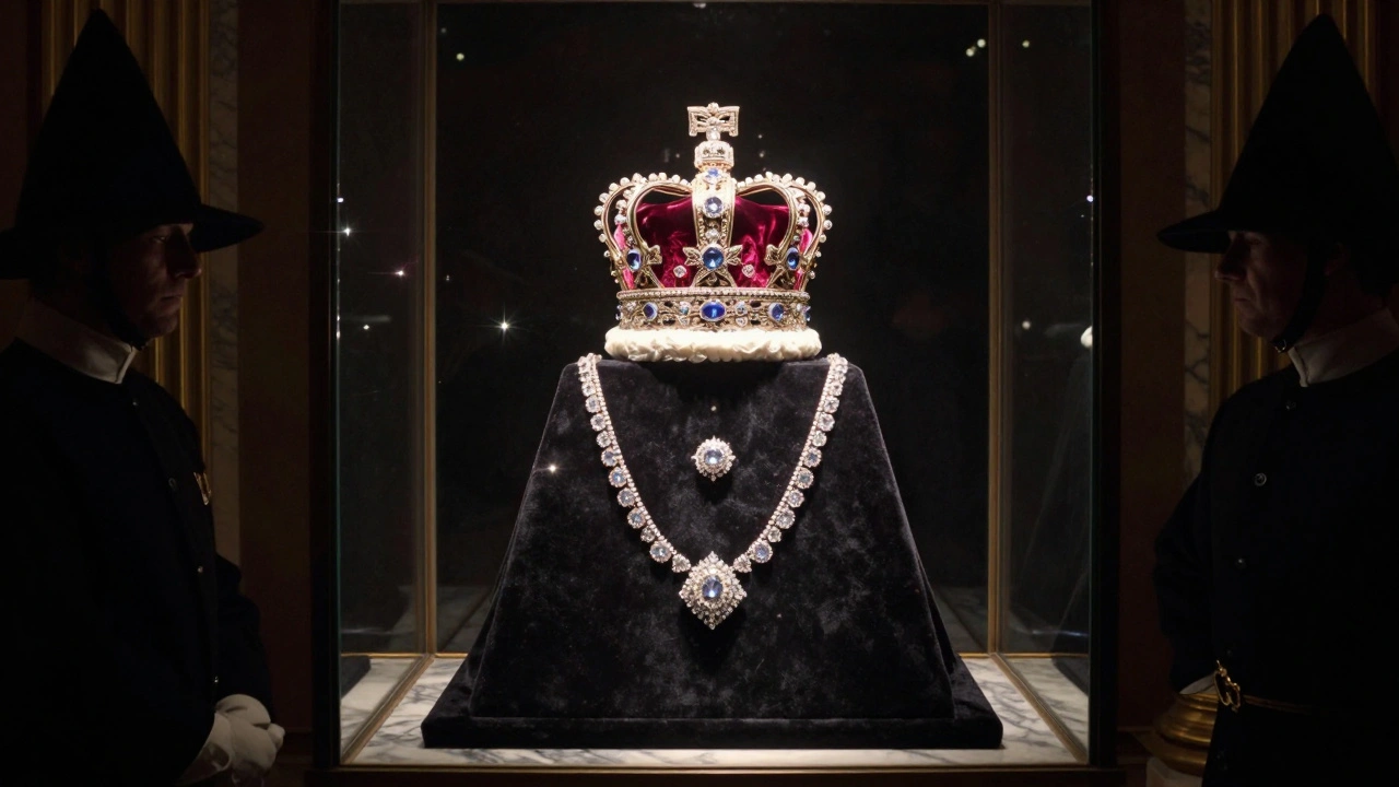 The Crown Jewels glowing under spotlight in the Jewel House, with a shadowed Beefeater standing guard.