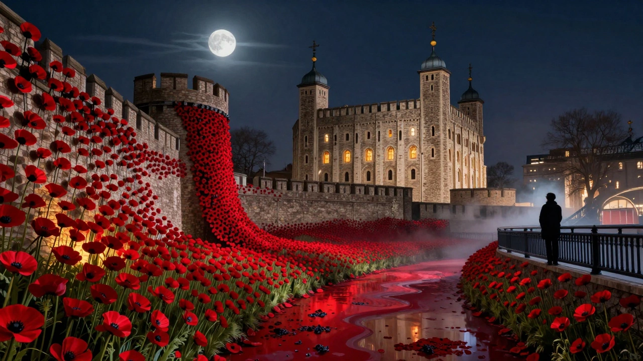 The Tower of London surrounded by thousands of glowing red poppies in the moat at night.