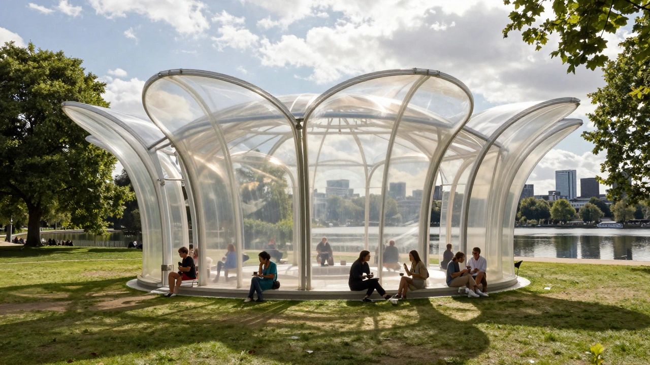 Translucent summer pavilion at Serpentine Gallery, visitors inside, sunlight filtering through fabric, lake reflections.