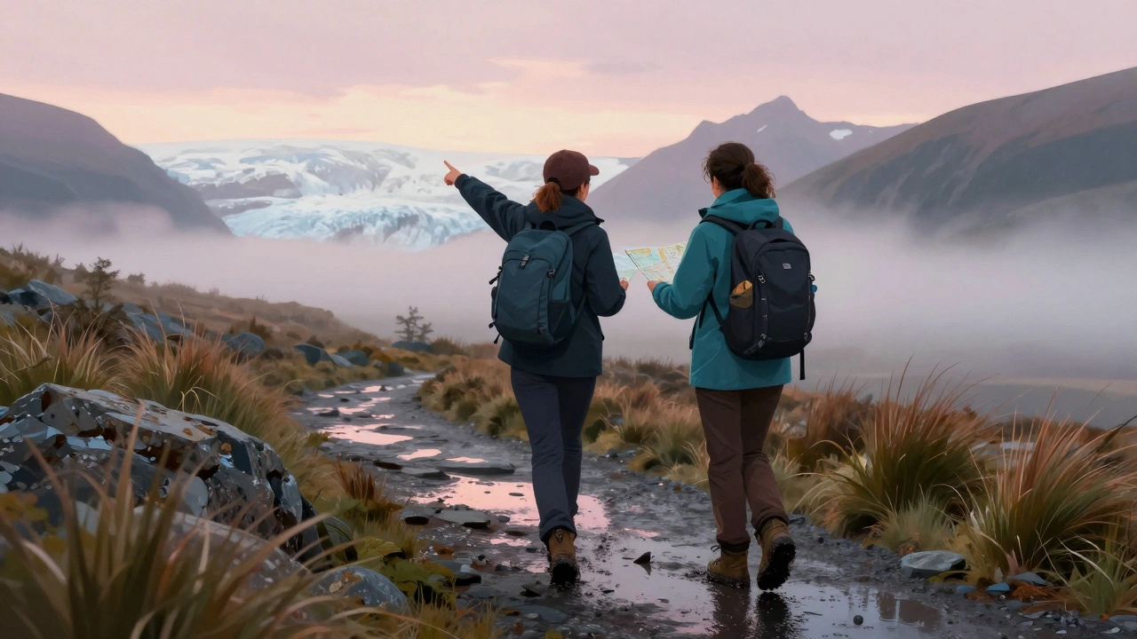 Two hikers on a misty Patagonian trail at sunrise, pointing toward a glacier, backpacks on.