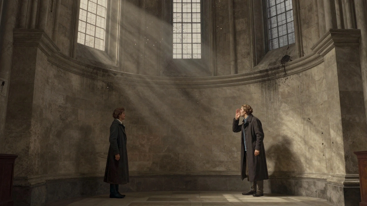 Two people whispering across the curved stone wall of the Whispering Gallery inside St. Paul's.