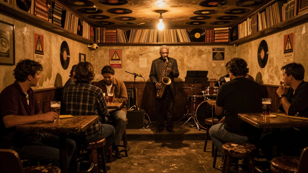 Underground jazz vault with vinyl walls and a trumpet player under a single bulb, patrons in quiet conversation.