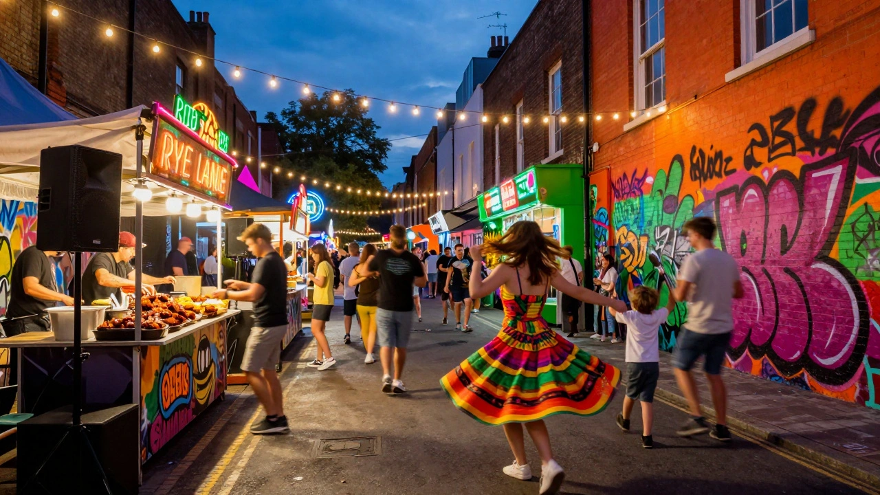 Vibrant street party with food stalls, dancing, and neon lights at night