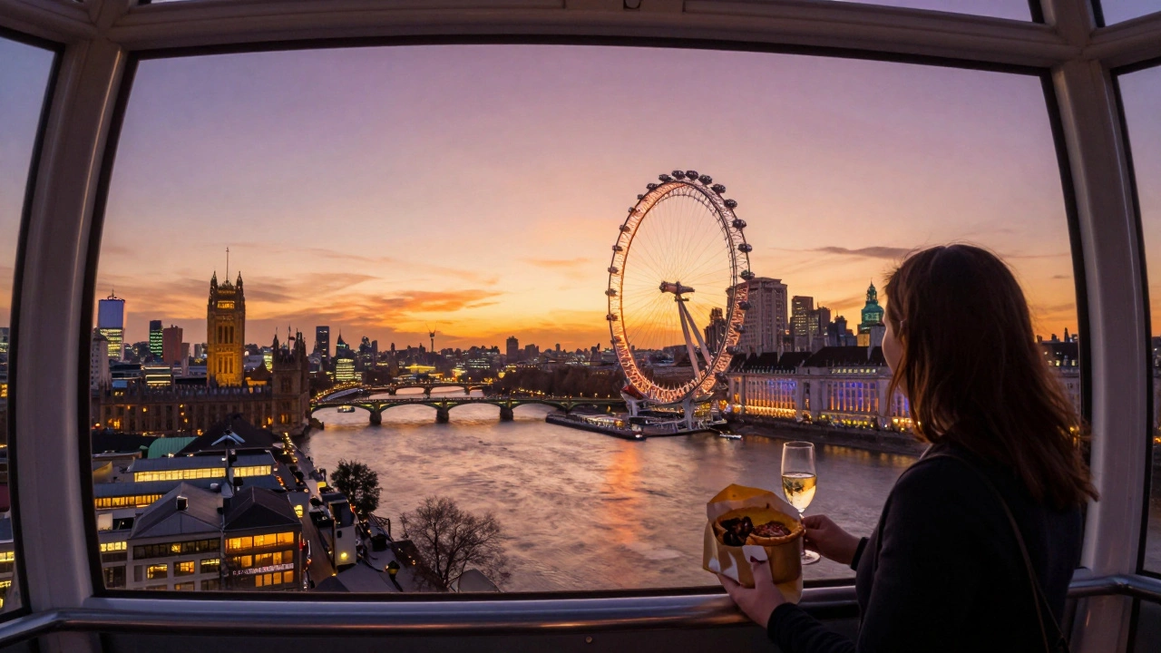 View from the London Eye at sunset as city lights begin to glow.